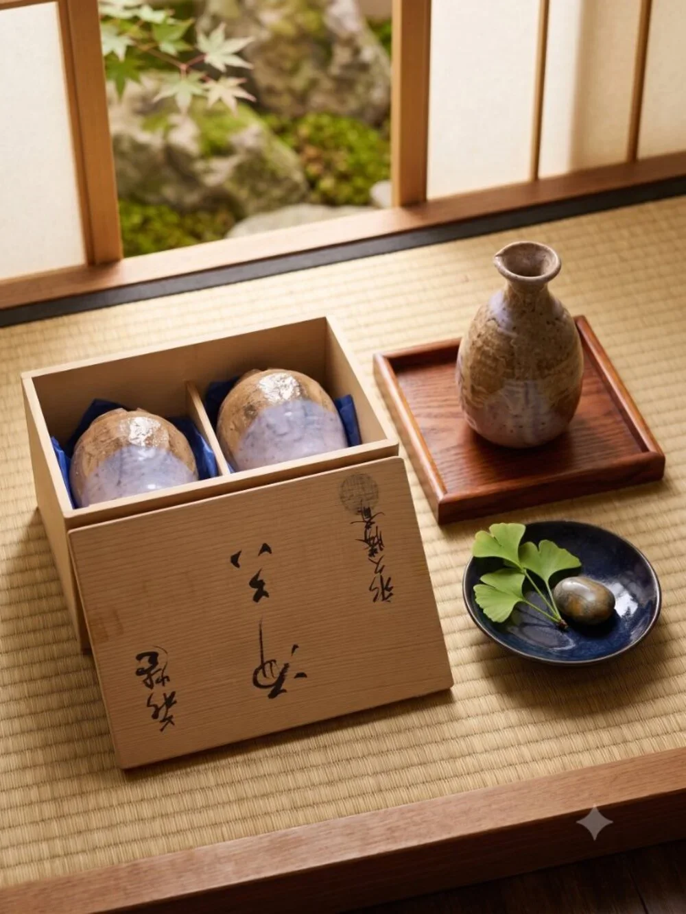 Vintage original Hagi Ware Japanese Sake Cups Pair in Signed Wooden Box not used